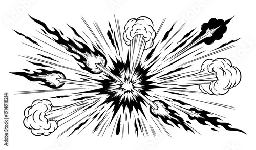 Manga explosion and fire flame hand drawn vector set