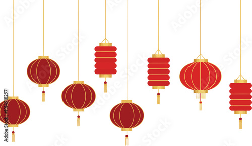 Vibrant red lanterns suspended from above, creating a festive atmosphere in a cultural celebration, viewed from below with multiple hanging ornaments