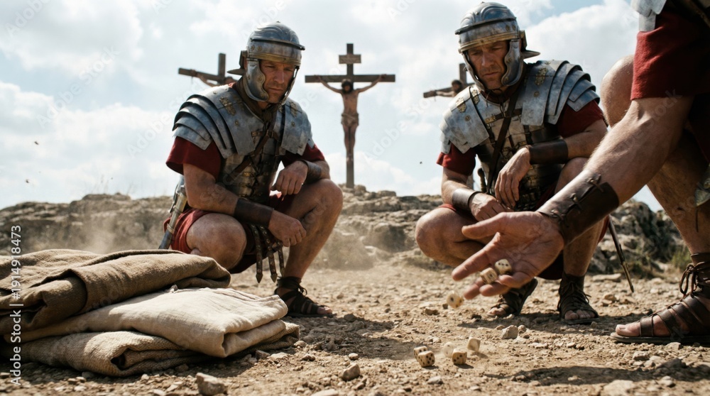 Fototapeta premium Roman soldiers casting lots for Christ’s clothes at Good Friday in ancient Jerusalem. Biblical scene for Easter holiday.