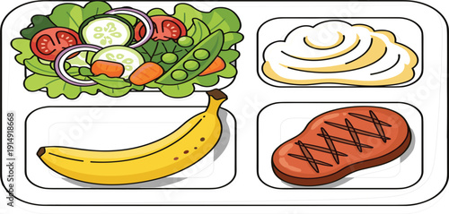 Healthy Meal Tray with Salad Banana Steak and Mashed Potatoes for Balanced Diet Nutrition Lunch Menu and Fitness Food Illustration