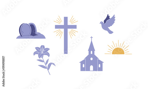 Religious easter vector symbols including cross lily church tomb dove and sunrise elements