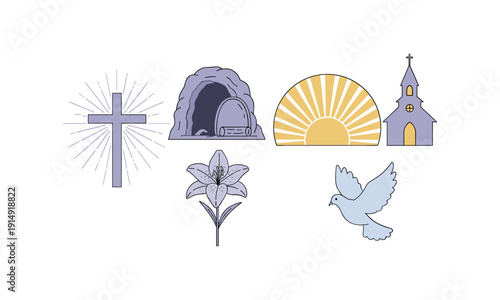 Religious easter cross church and dove vector illustration silhouette spiritual symbol set