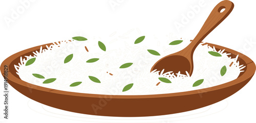 Rice Bowl Illustration with Wooden Spoon and Herbs for Traditional Food Cooking Ingredient Organic Meal and Kitchen Menu Design