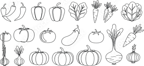 Vegetable Line Icon Set with Tomato Pepper Carrot Onion Pumpkin and Eggplant for Organic Food Farm Market and Healthy Cooking Design