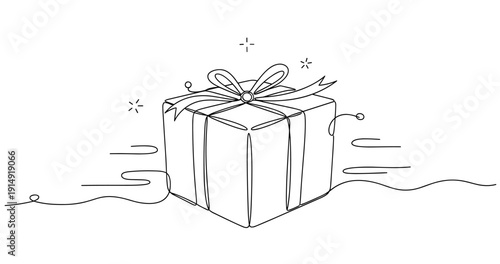 Minimalist line art gift box with ribbon and decorative details. None editable stroke