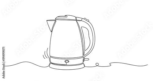 Minimalist continuous line drawing of an electric kettle on a charging base. None editable stroke