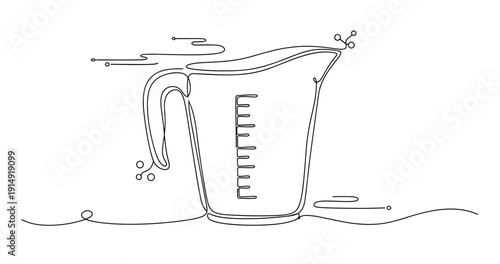 Continuous line art of measuring cup with abstract details. None editable stroke