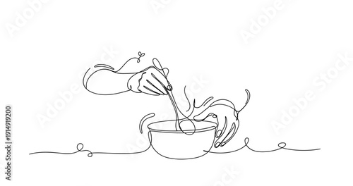 Continuous line drawing of hands stirring in bowl. None editable stroke