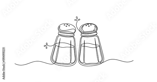 Continuous line drawing of two salt shakers with delicate sprouting plants. None editable stroke
