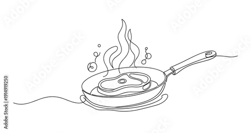 Continuous line drawing of sizzling steak cooking in a skillet. None editable stroke