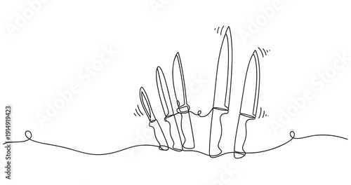 Continuous line art of five rising knives with dynamic wave motion. None editable stroke