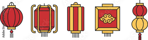 A collection of traditional Asian lanterns in various shapes and designs