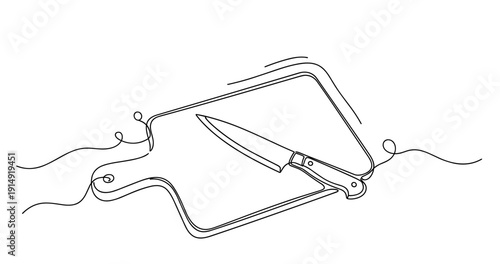 Line art of knife on cutting board with decorative swirls. None editable stroke
