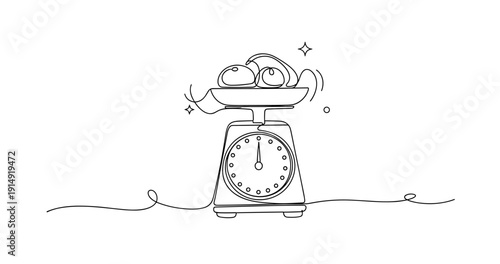 Continuous line drawing of kitchen scale with cherries - minimalist fruit weighing. None editable stroke