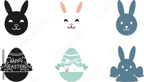Cheerful easter bunny heads and eggs in various colors and designs available separately