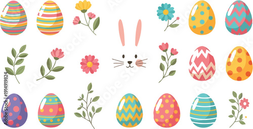 Colorful easter eggs and bunny face surrounded by flowers on a white background illustration