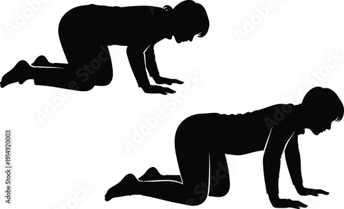 Black silhouette of woman practicing yoga cat cow pose or crawling exercise on all fours for physical therapy fitness training and healthy lifestyle