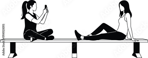 Black Vector Illustration of Two Young Women Sitting on a Long Bench One Taking a Photo with a Smartphone and One Relaxing Silhouettes