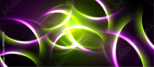 Abstract swirls, vibrant colors, purple, green, yellow. Dynamic composition creates luminous energy, flowing forms.