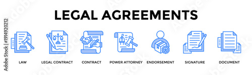 Legal Agreements Banner Web Icon Set Collection Pack Vector Illustration Concept For Law, Legal Contract, Contract, Power Attorney, Endorsement, Signature, Document