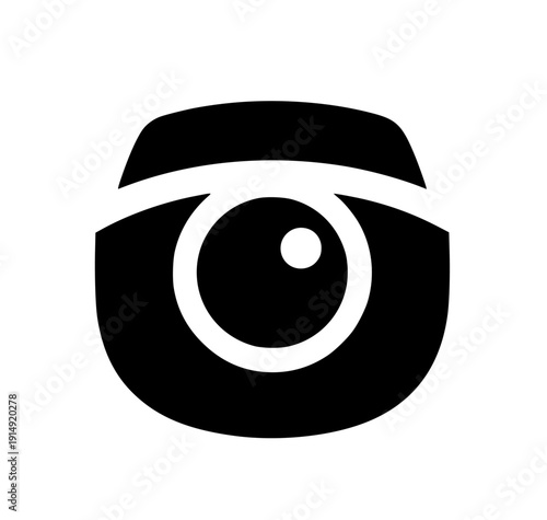 Abstract black and white graphic symbol representing an eye or a camera lens, a minimalist visual concept for observation, vision, or perception