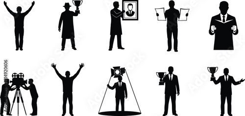 Black Vector Silhouettes Set of Film Director Movie Camera Operator Award Winner Holding Trophy and Actor Under Spotlight for Cinema and Entertainment Industry