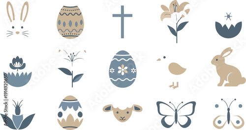 Collection of Easter-themed illustrations in beige and blue hues on a white background display