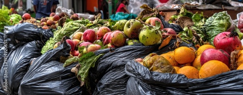 The fruit-filled black bags on a crowded urban market street overflowing with discarded produce