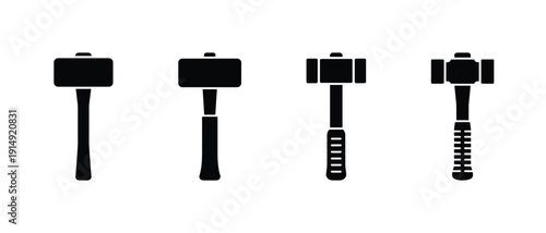 Minimal hammer silhouette icon set on white background, Black tool vector collection