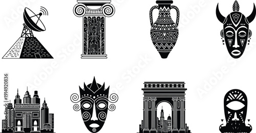 Collection of Eight Black Vector Icons Featuring Ancient Greek Pillar Tribal Masks Egyptian Pyramid with Satellite Dish Triumphal Arch and Grecian Vase Historical Illustration