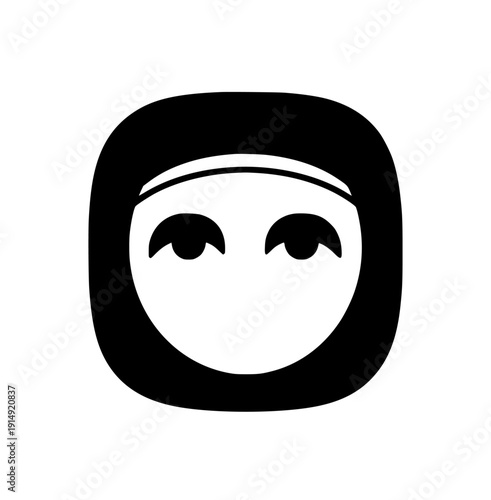 Minimalist stylized icon of a serene female face wearing a head covering, eyes gazing upwards in quiet contemplation, symbolizing spiritual reflection and inner peace