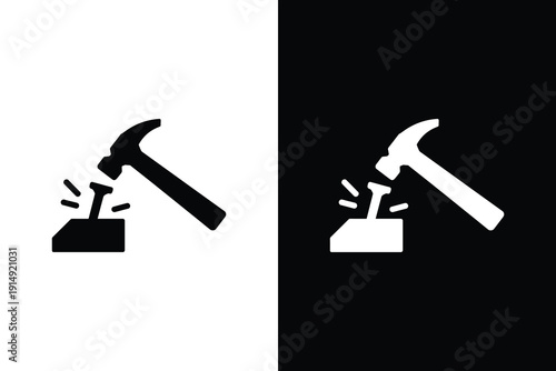 Minimalist hammer hitting nail icon on split black and white background