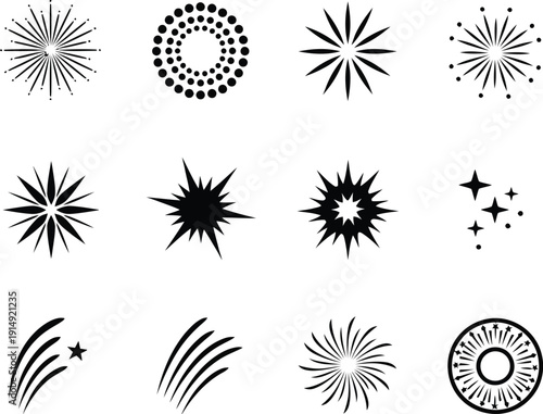 A collection of abstract starburst illustrations on a clean background viewed from a straightforward angle