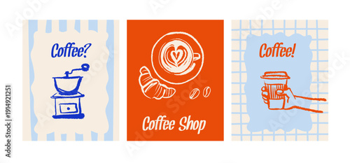 Hand drawn vintage coffee shop poster set. Cafe menu, bakery packaging design concept. Whimsical sketch vector illustration.
