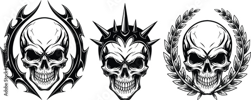 Collection of three black and white aggressive human skull vector illustrations featuring gothic tribal frames spiked punk crown and heraldic laurel wreath for tattoos