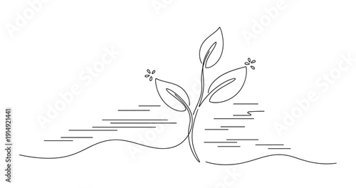 Minimalist line art of a growing plant with leaves and flowers. None editable stroke