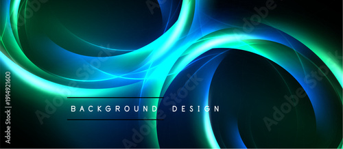 Abstract background features flowing neon curves. Dark shades dominate with vibrant turquoise, green highlights. Modern design element.