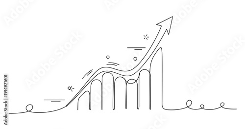Line art graph depicting growth with rising arrow and abstract design elements. None editable stroke