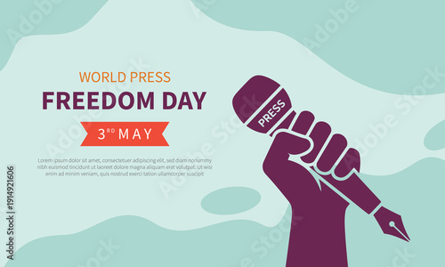 World press freedom day concept with hand holding a microphone pen, promoting media importance and freedom of expression
