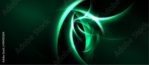 Abstract fractal design. Bright green swirls contrast dark background. Elegant curves create dynamic visual effect. Smooth gradients enhance depth.