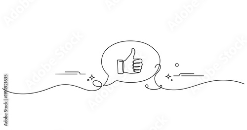 Minimalist thumbs up sketch with speech bubble and decorative elements. None editable stroke