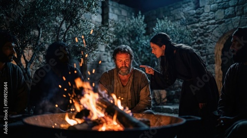 Woman accusing man by fire on Holy Thursday, a religious Last Supper betrayal. Easter, Christian, evangelical concept.