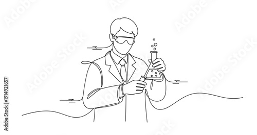 Young caucasian male scientist conducting experiment with beaker. None editable stroke