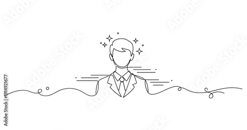 Abstract line art of young male in suit with geometric and star elements. None editable stroke
