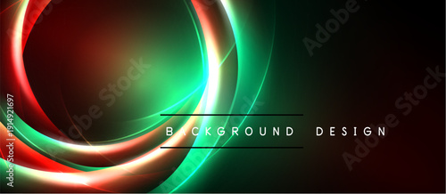 Abstract neon lines create dynamic curves. Red, green hues blend against dark backdrop. Modern design element.