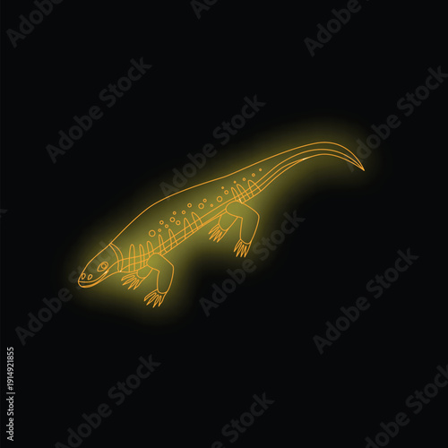 Neon glowing outline of an ichthyostega, an early tetrapod from the late devonian period, walking on four legs