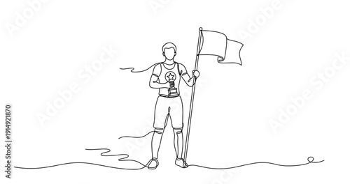 Continuous line drawing of young caucasian male champion holding trophy and flag. None editable stroke