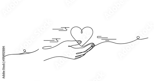 Continuous line drawing of heart in hand symbolizing love and care. None editable stroke