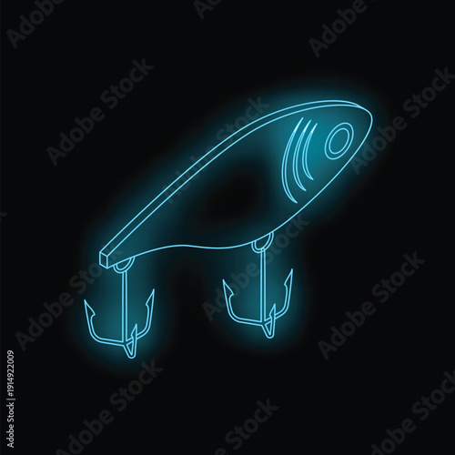 Neon fishing lure glowing in the dark, perfect for fishing and recreation related designs