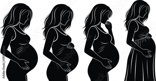 Set of Four Black Vector Silhouettes of a Beautiful Pregnant Woman Holding Her Belly in Different Poses Isolated on White Background for Motherhood Design